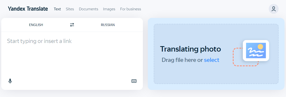 Webové rozhraní Yandex Translate